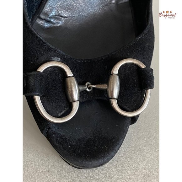 Authentic GUCCI Black Suede Leather Horsebit Peep-Toe Platform Pumps 36C/6C - Picture 4 of 13
